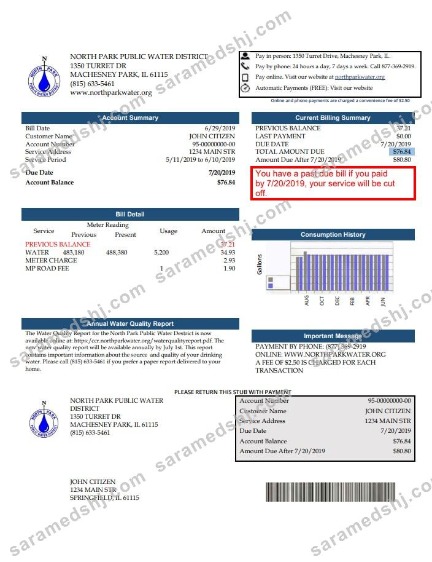 USA Illinois North Park Public Water District IL utility bill template in Word and PDF format